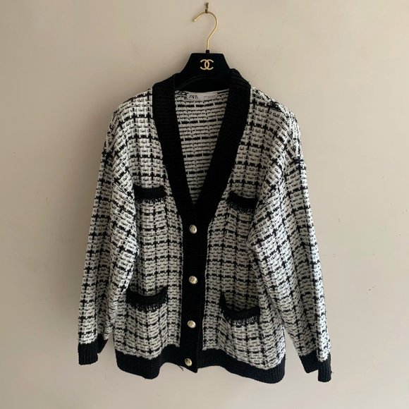 Zara Knit Graph Check Tweed Cardigan - Picture 3 of 8